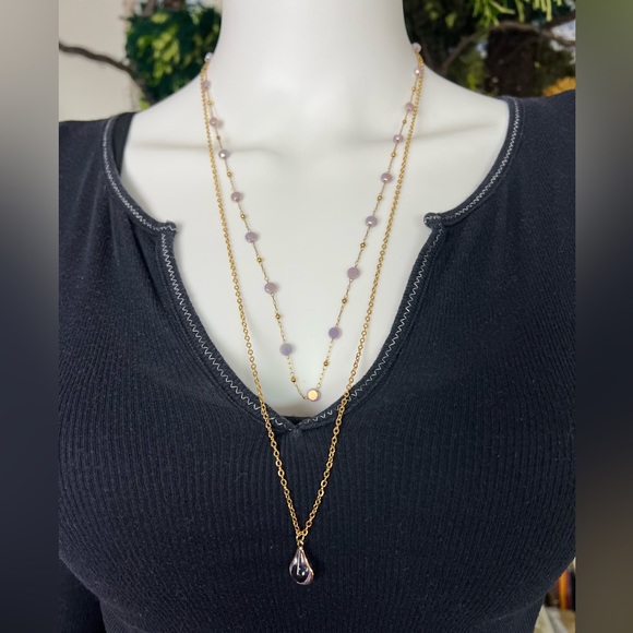 Lila & Gold Elegant Teardrop Pendant Layered Necklace, Flirty Delicate Necklace - Picture 5 of 11